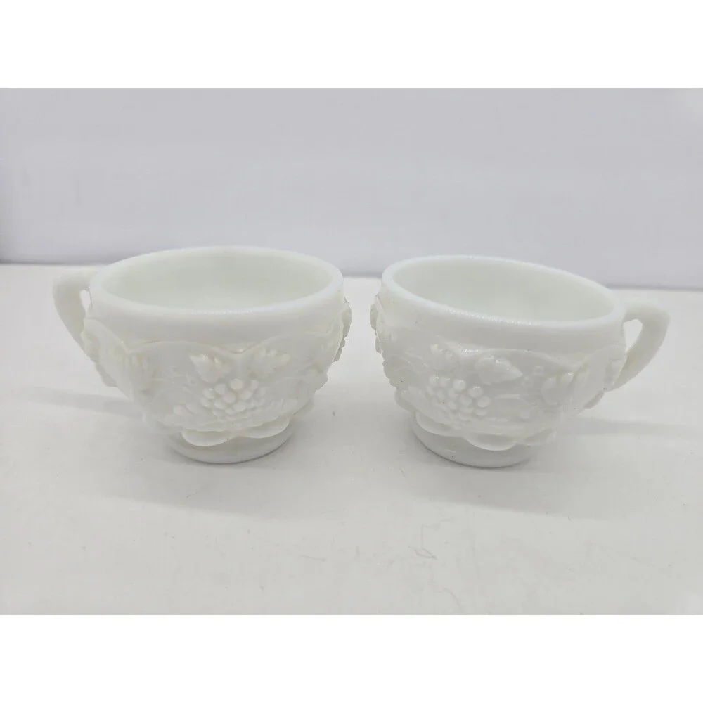 Vintage Westmoreland Paneled Grape Milk Glass Punch Bowl Cups  Set of 2